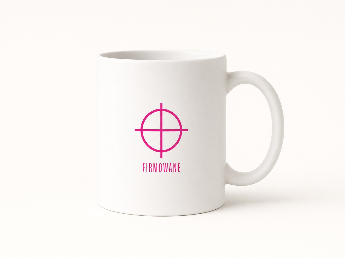 Biały kubek ceramiczny z nadrukiem logo w kolorze magenta